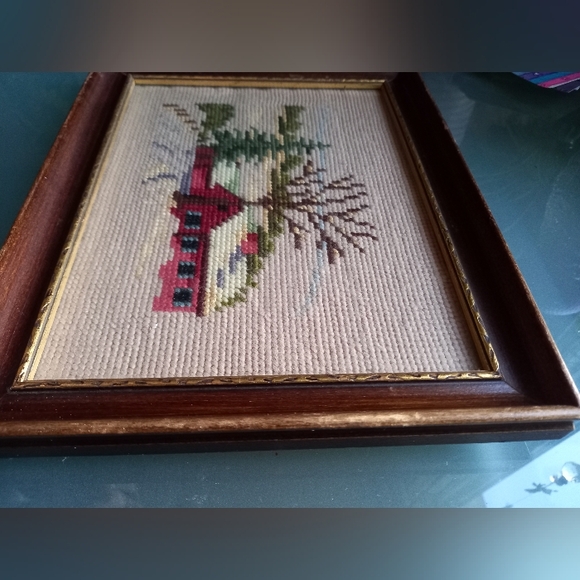 Vintage T. Eaton & Co. Framed Winter Cabin Fiber Art - Picture 8 of 10
